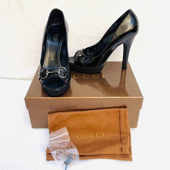 Auc Gucci Horsebit Patent Leather Open Toe Heels - Picture 1 of 12
